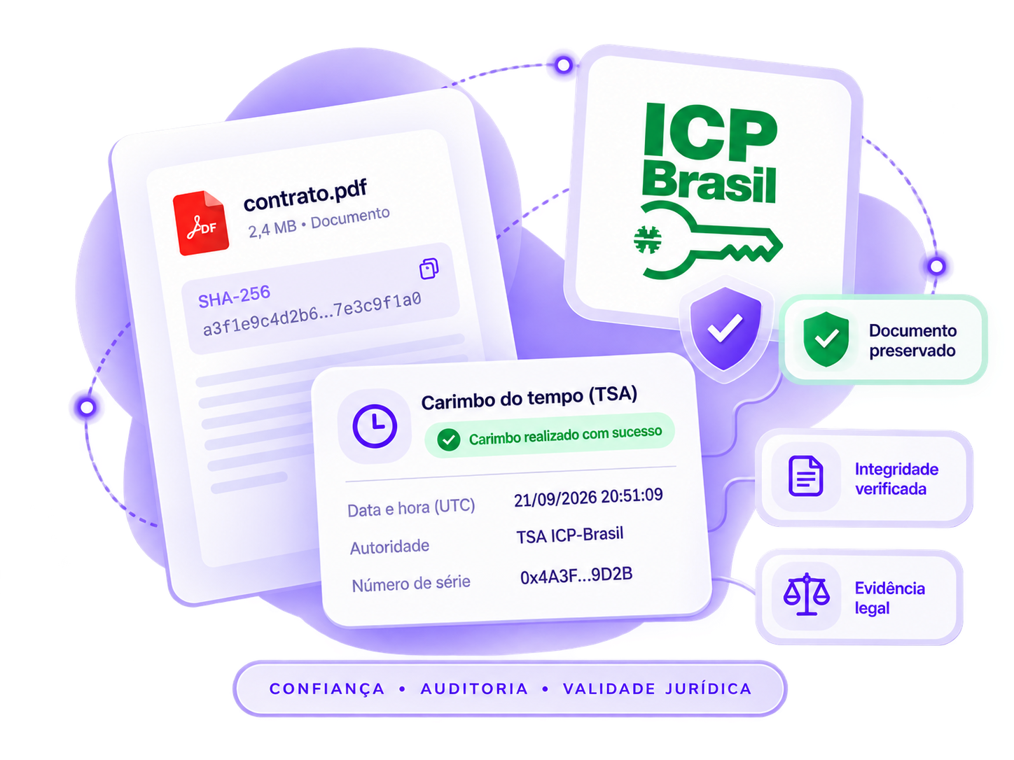 Fluxo de carimbo do tempo ICP-Brasil com documento, hash SHA-256, timestamp, validação de integridade e evidência temporal