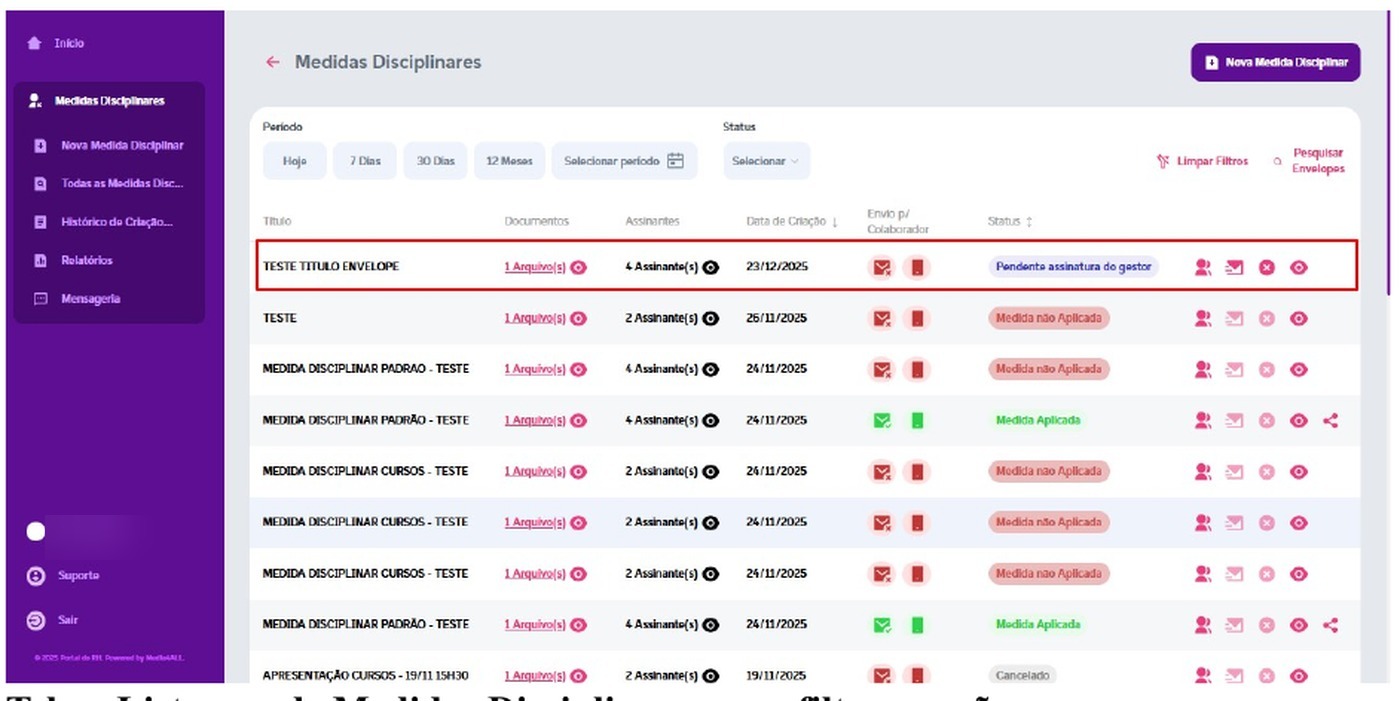 Tela real de listagem de processos no ElevaRH com filtros, status e ações