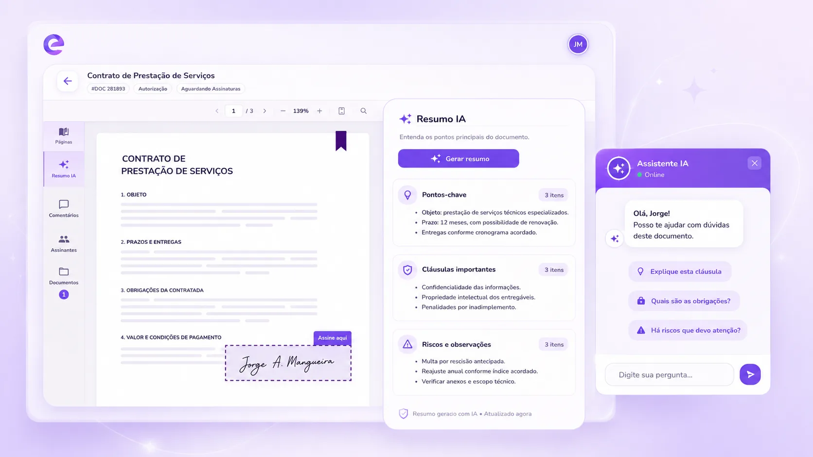 Interface da ElevaSign com resumo inteligente, análise de cláusulas e assistente contextual da Eleva IA