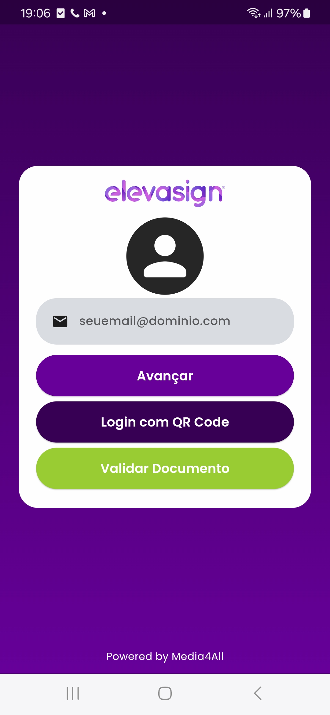 Tela de acesso ao ElevaSign com e-mail, QR Code e validação de documento